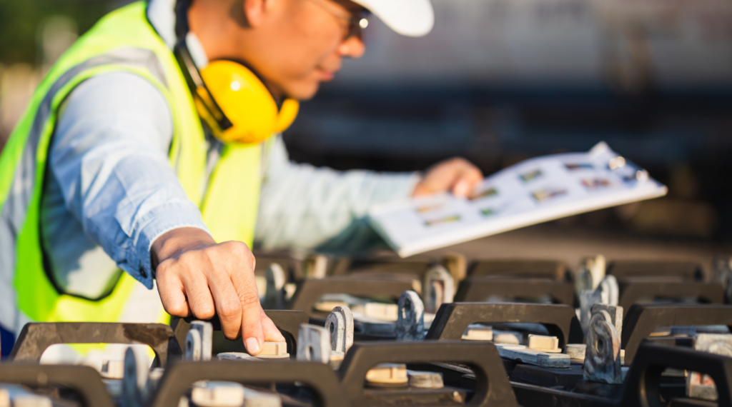 A man inspects batteries of equipment on a job site. 